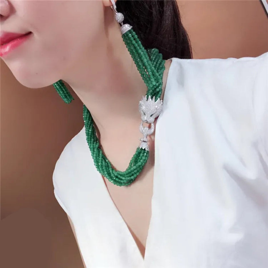 Tassel Design Green Agate Necklace Set