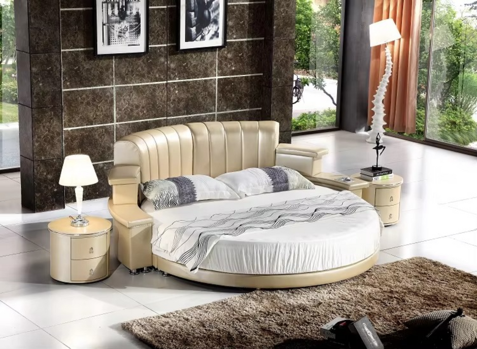 Multifunctional Leather Round Bed With LED Lights