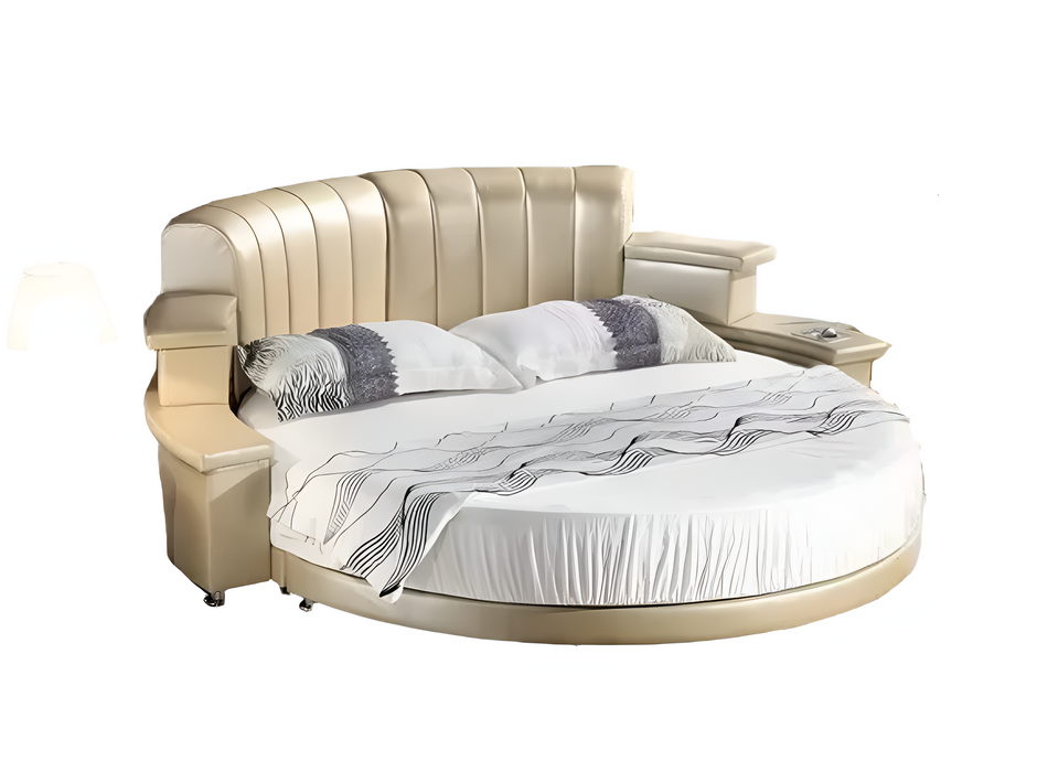Multifunctional Leather Round Bed With LED Lights