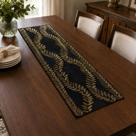 Handcrafted Black & Gold Beaded Table Runner / Ruchi
