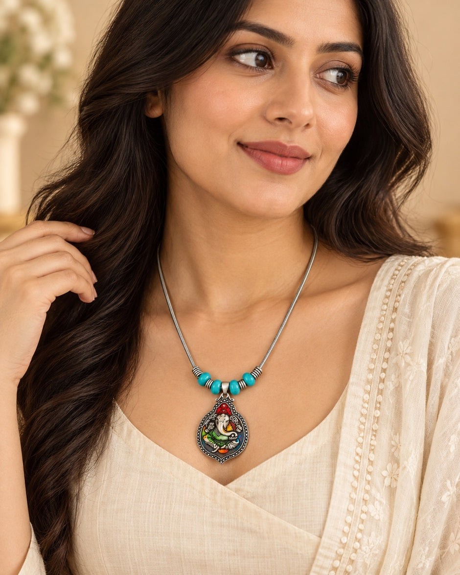 Handcrafted Colorful Ganesha Turquoise Beaded Necklace / Ruchi