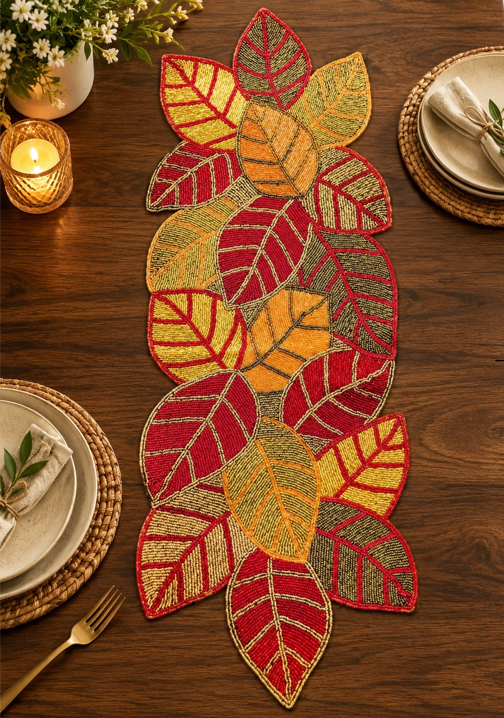 Handcrafted Leaf-Shaped Beaded Runner / Ruchi