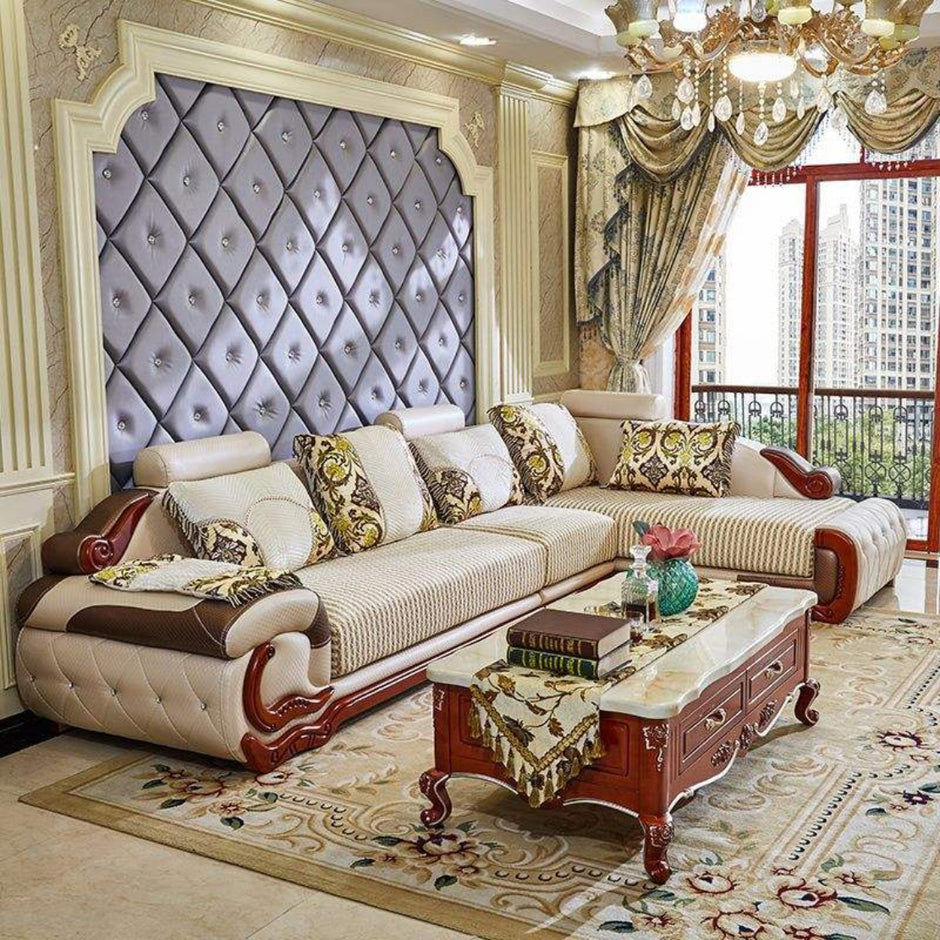 European L-Shape Fabric and Leather Sectional Sofa
