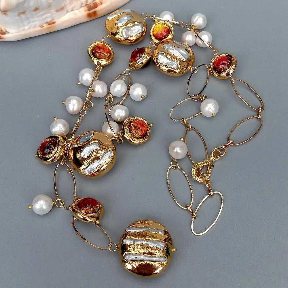 21" Murano Glass Biwa Pearl Necklace / Ruchi