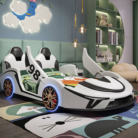 LED Car Leather Kids Bed With Storage