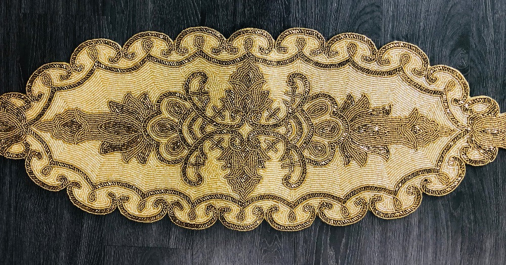 Gold Beige Beaded Oval Runner / Ruchi