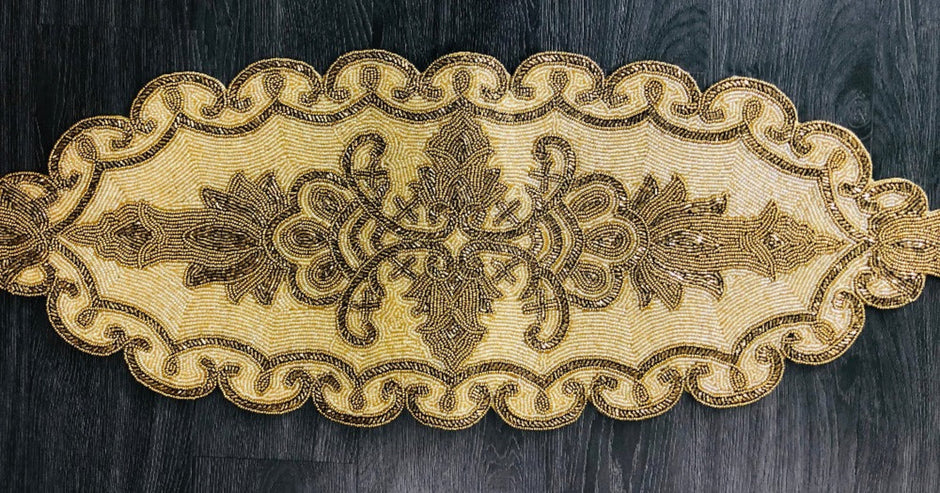 Gold Beige Beaded Oval Runner / Ruchi