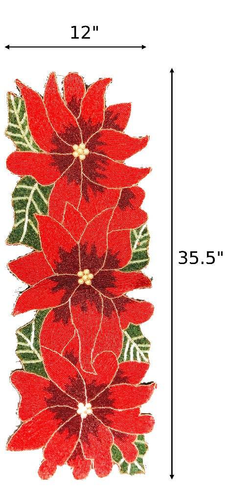 Exquisite Red And Green Beaded Floral Pattern Table Runner / Ruchi