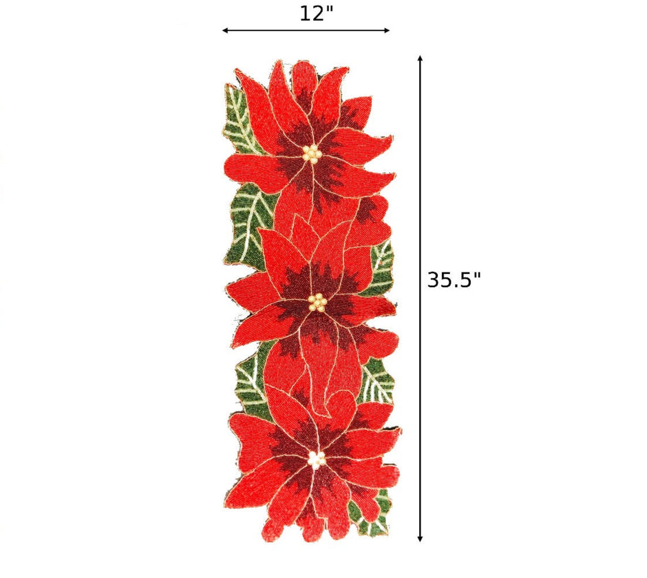 Red Green Beaded Floral Runner / Ruchi