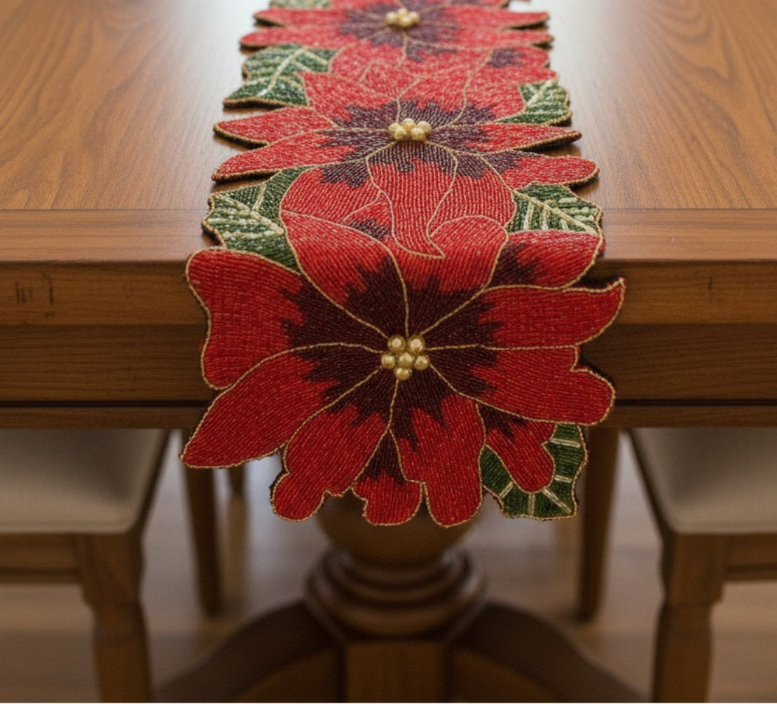 Red Green Beaded Floral Runner