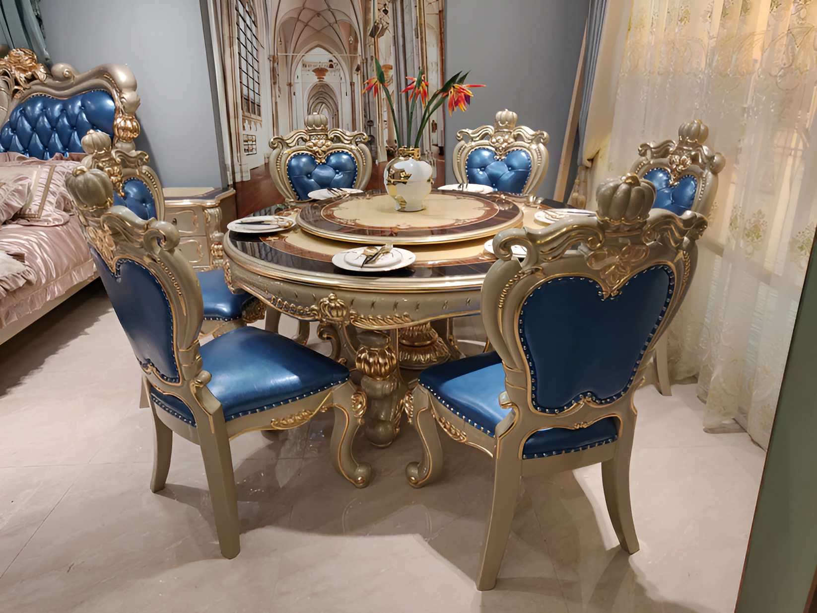 European Round Wooden Dining Table Set For 6 / Ruchi