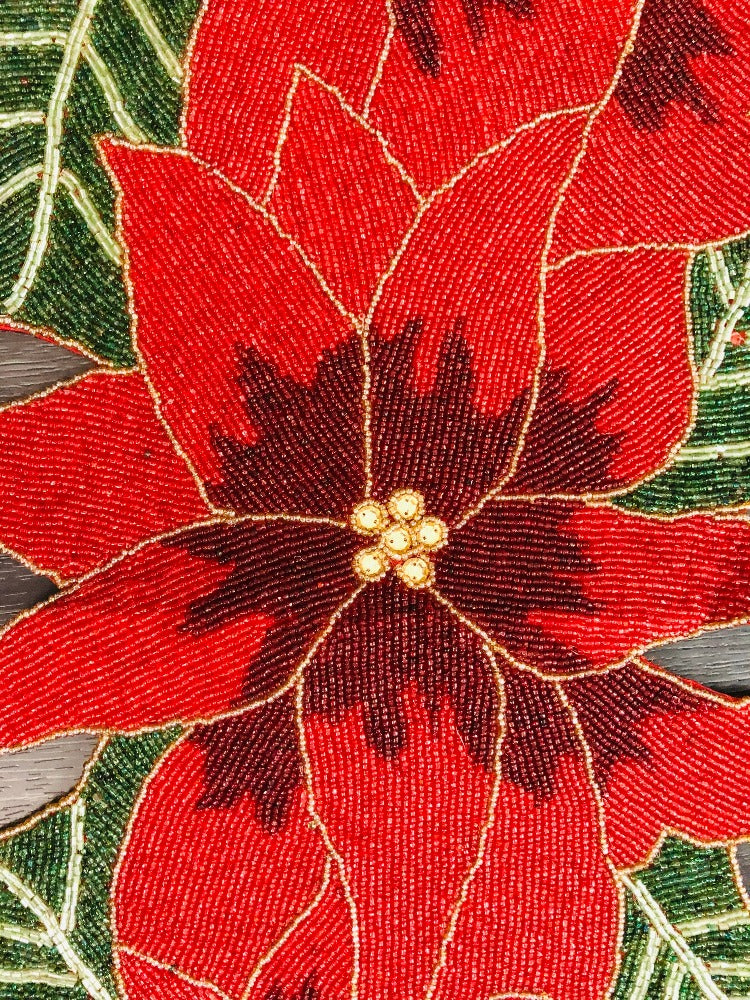 Exquisite Red And Green Beaded Floral Pattern Table Runner / Ruchi