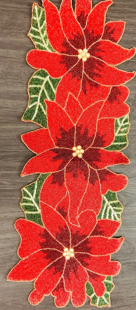 Exquisite Red And Green Beaded Floral Pattern Table Runner / Ruchi