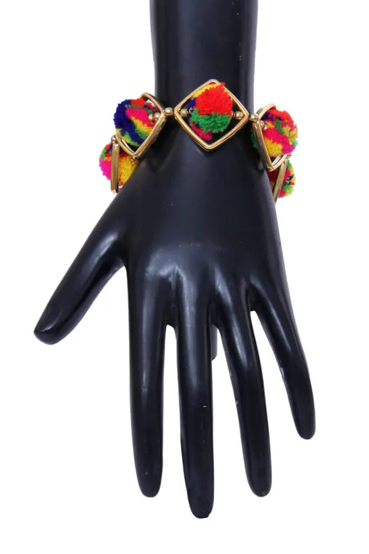 Multicolor Pom Pom Metal Bracelet For Women / Ruchi