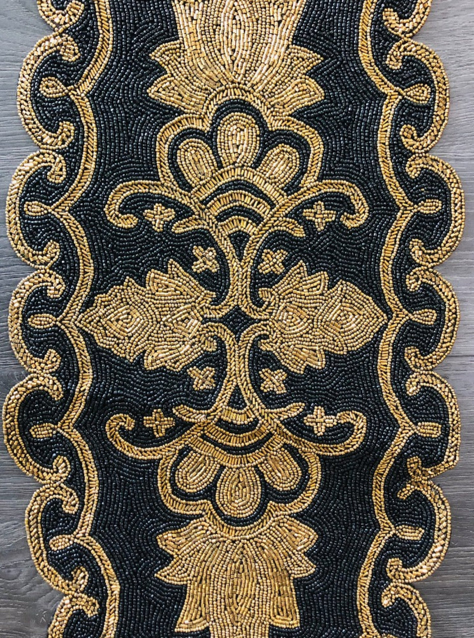 Gold Black Oval Beaded Runner / Ruchi