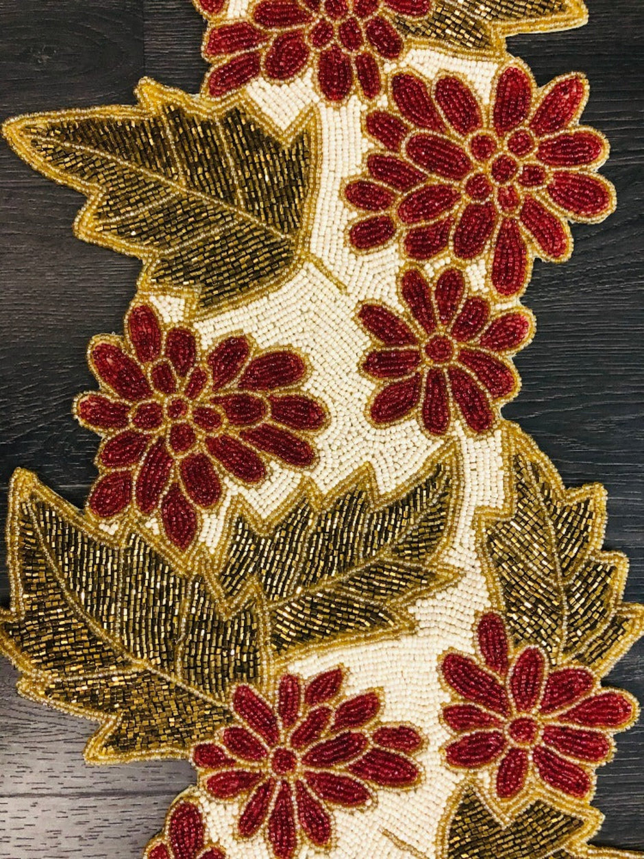 Leaf Floral Embroidered Beaded Runner/ Ruchi