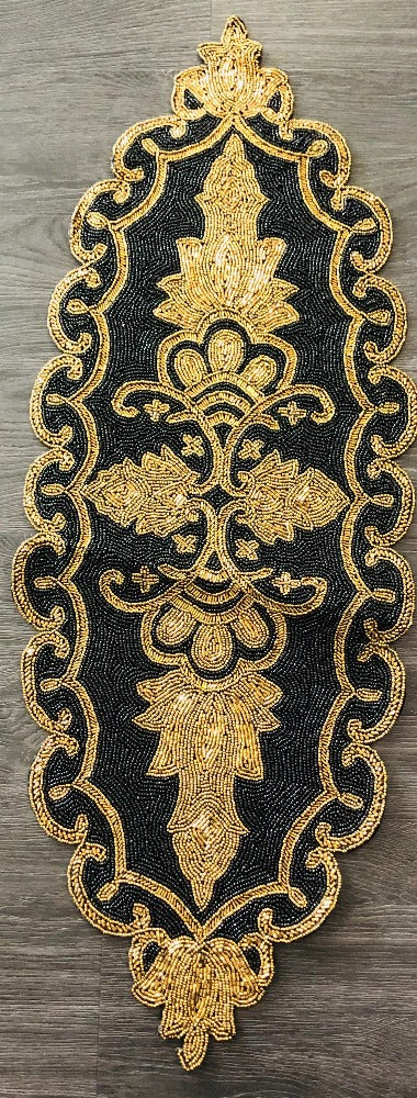 Stunning Gold And Black Beaded Oval Table Runner / Ruchi