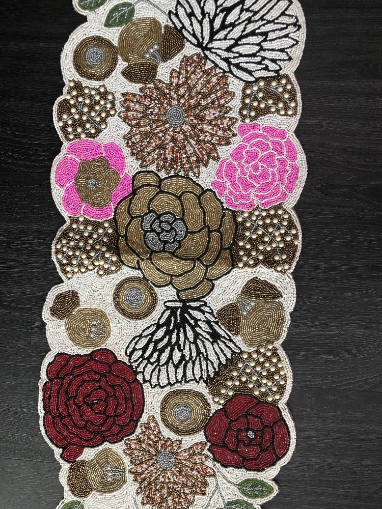 Enchanting Floral Patch Embroidered Handcrafted Beaded Table Runner / Ruchi
