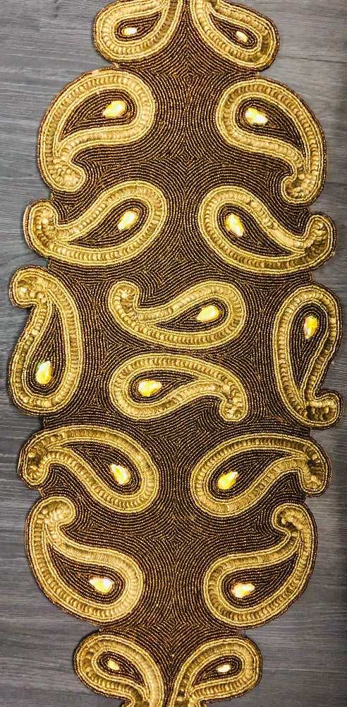 Gold Brown Paisley Beaded Runner / Ruchi