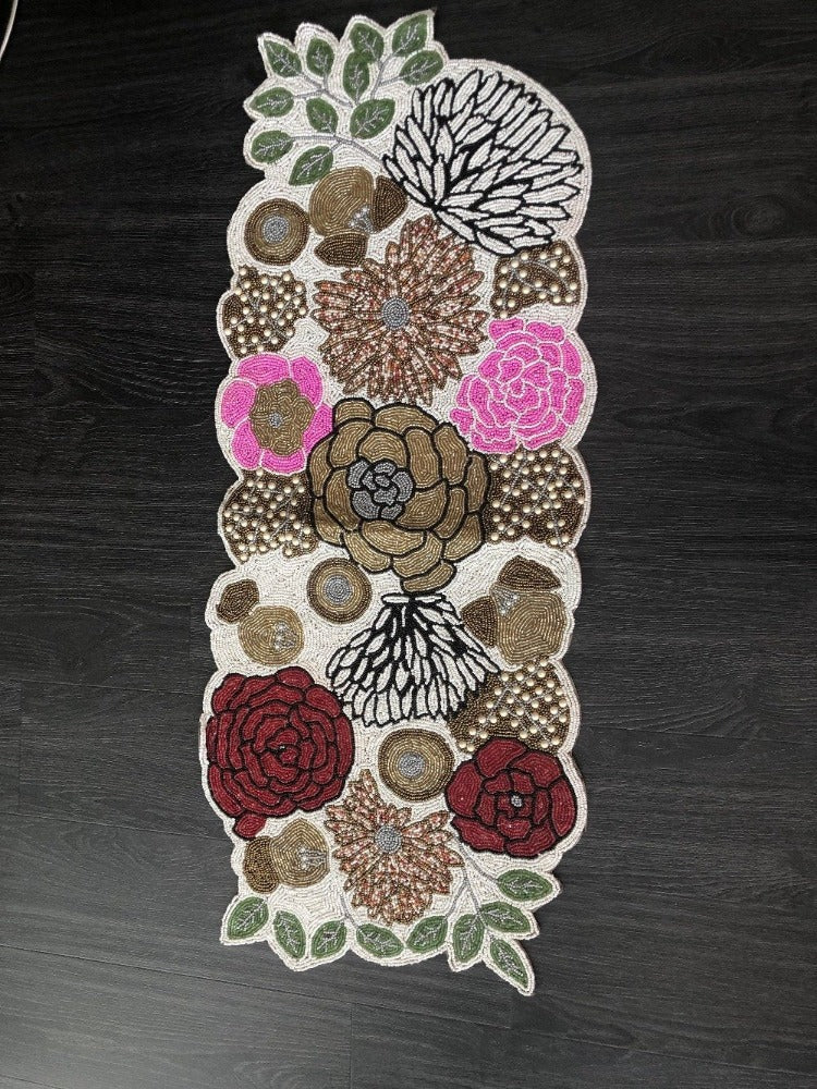 Enchanting Floral Patch Embroidered Handcrafted Beaded Table Runner / Ruchi