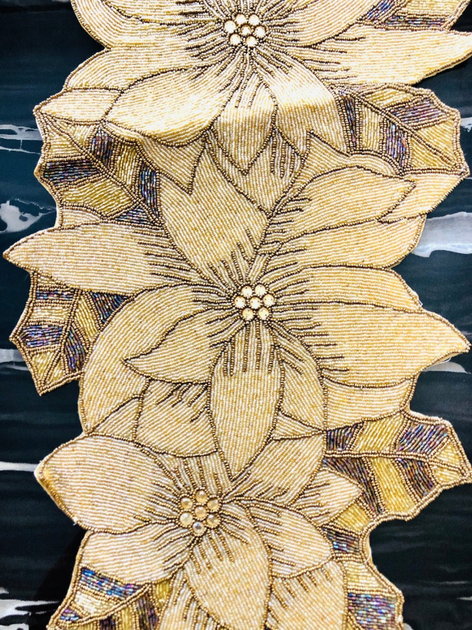 Golden Glitzy Beaded Table Runner / Ruchi
