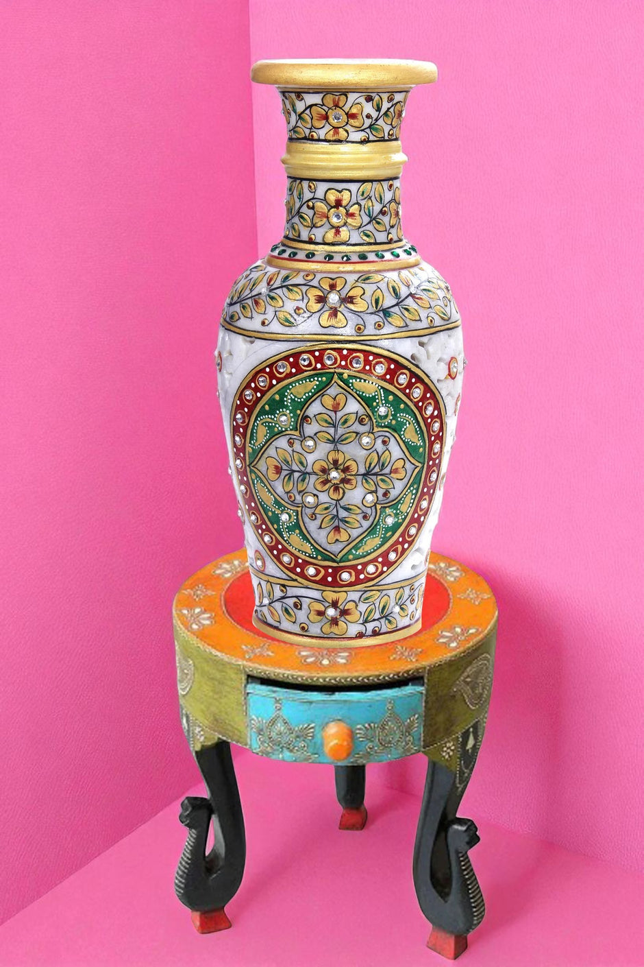 Traditional Handcrafted Embellished Marble Table Vase / Ruchi
