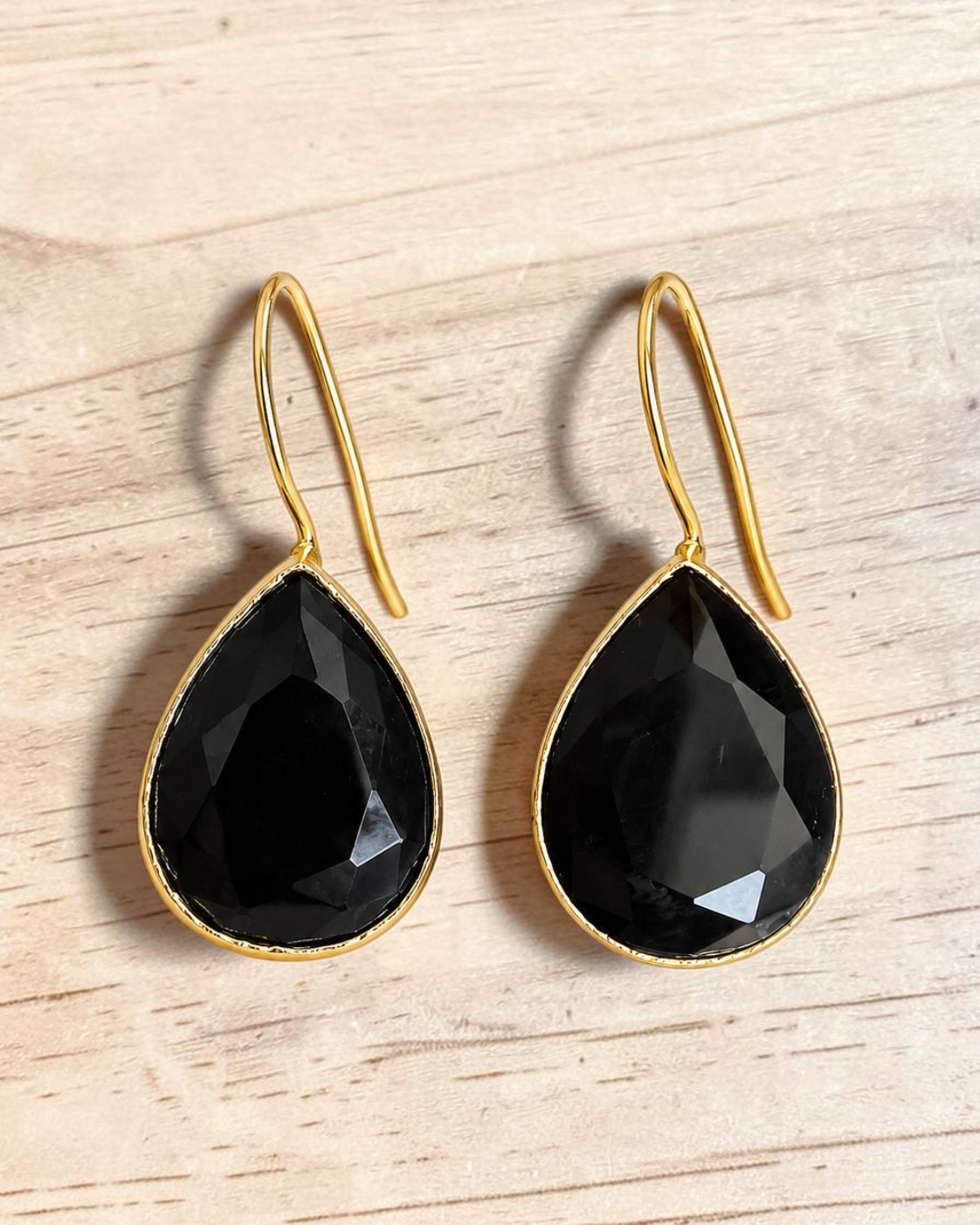 Glossy Black Stone Waterdrop Metal Earrings / Ruchi