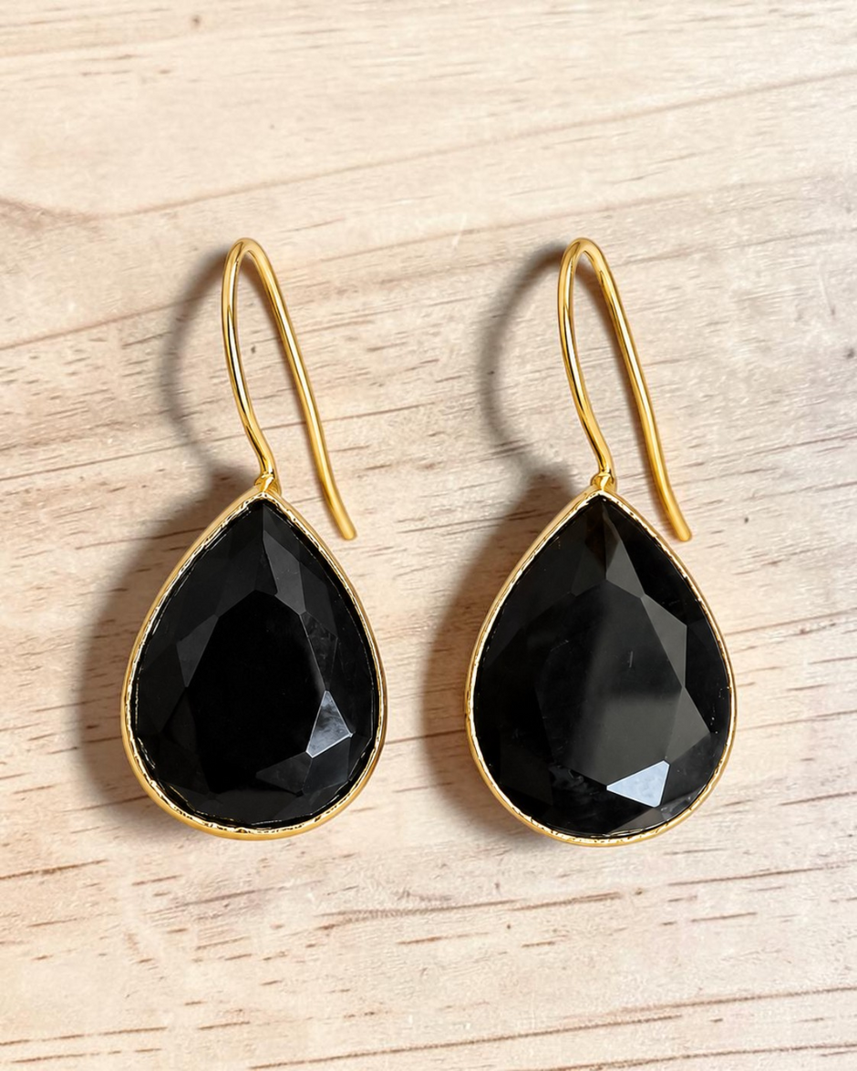 Glossy Black Stone Waterdrop Metal Earrings / Ruchi