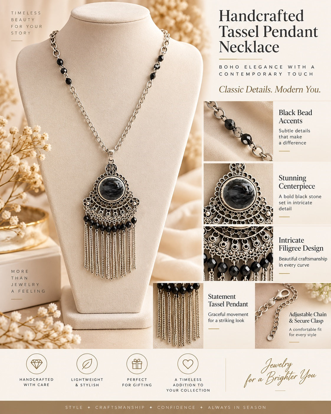 Black Stone Beaded Tassel Pendant Necklace / Ruchi