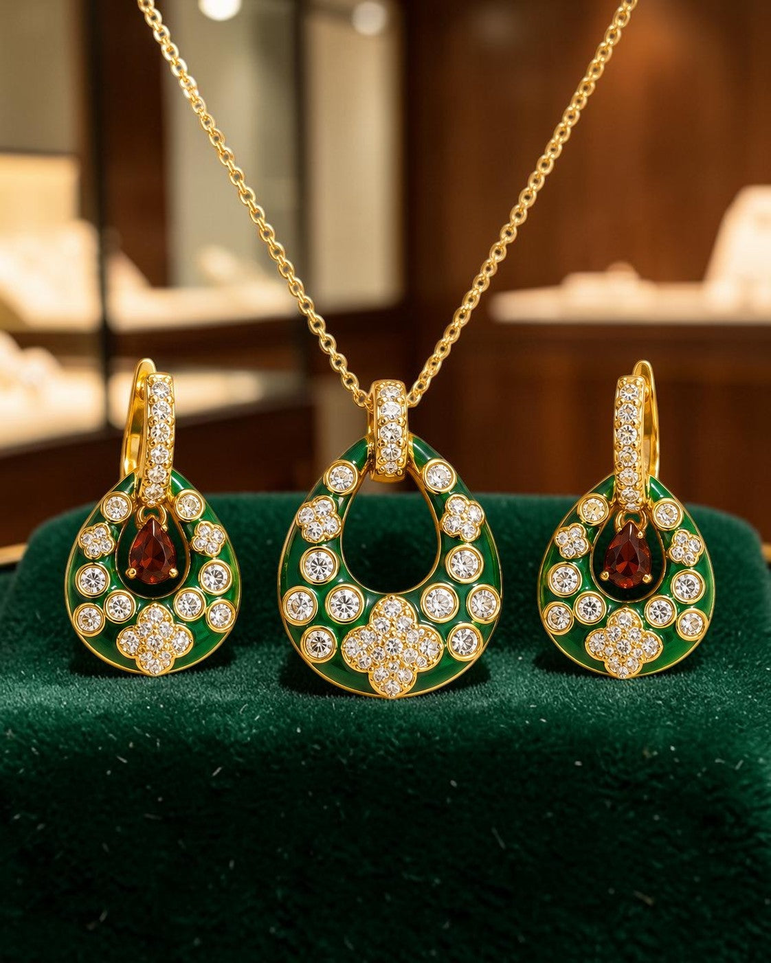 Modern Green Enamel Teardrop Necklace Set / Ruchi