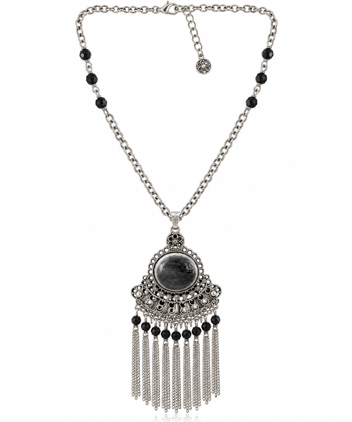 Black Stone Beaded Tassel Pendant Necklace / Ruchi