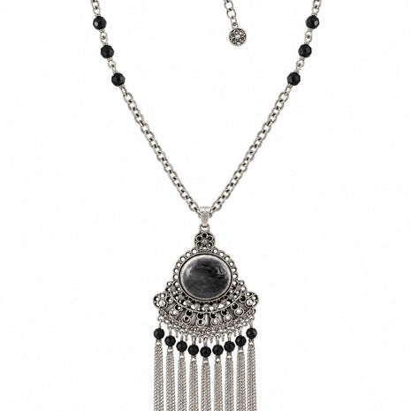 Black Stone Beaded Tassel Pendant Necklace / Ruchi