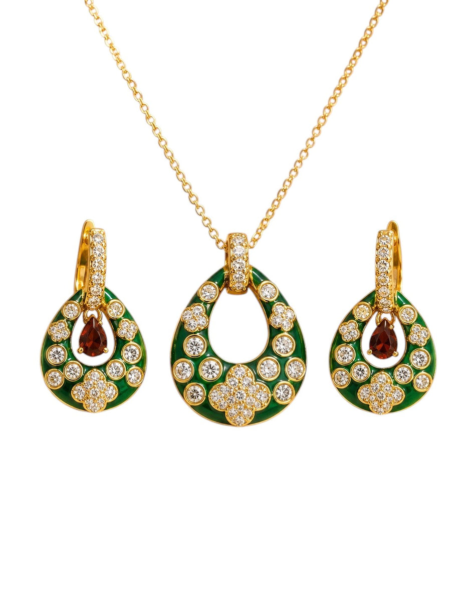 Modern Green Enamel Teardrop Necklace Set / Ruchi