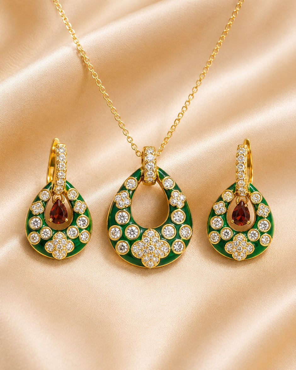 Modern Green Enamel Teardrop Necklace Set / Ruchi