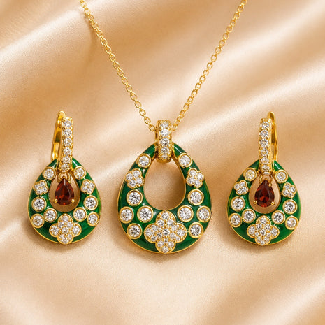 Modern Green Enamel Teardrop Necklace Set / Ruchi