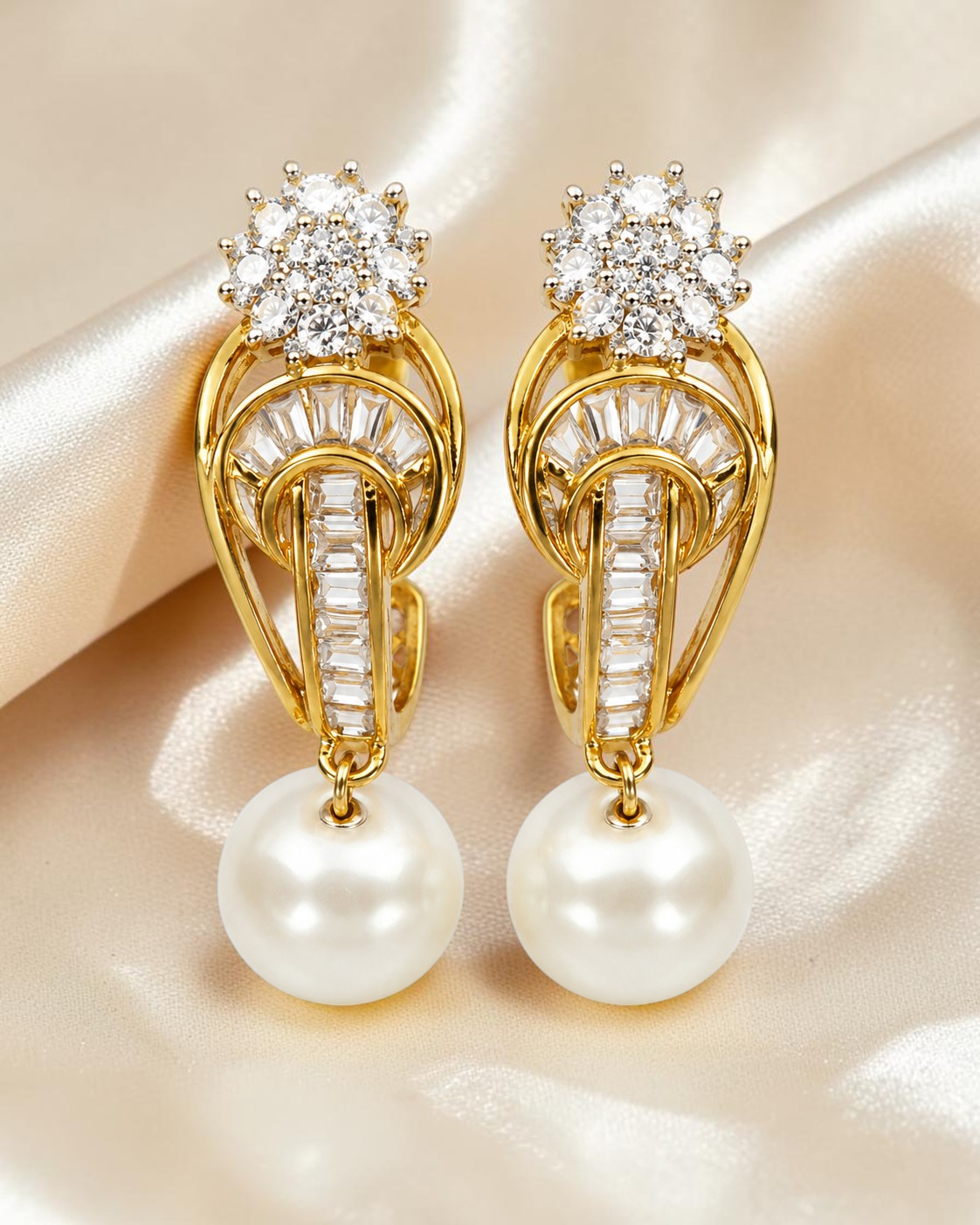 Pearl Metal Earrings With Sparkling Cubic Zirconia / Ruchi 