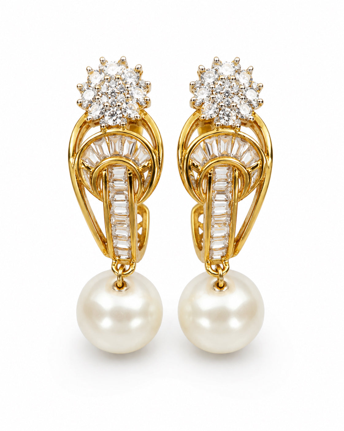 Pearl Metal Earrings With Sparkling Cubic Zirconia / Ruchi 