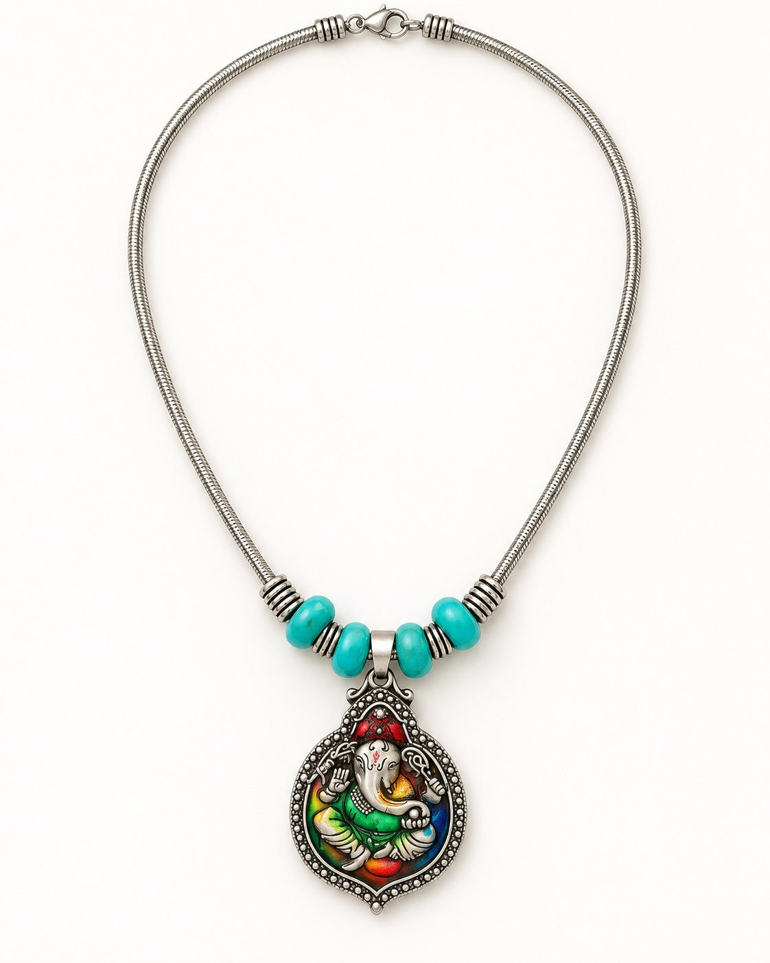 Handcrafted Colorful Ganesha Turquoise Beaded Necklace / Ruchi