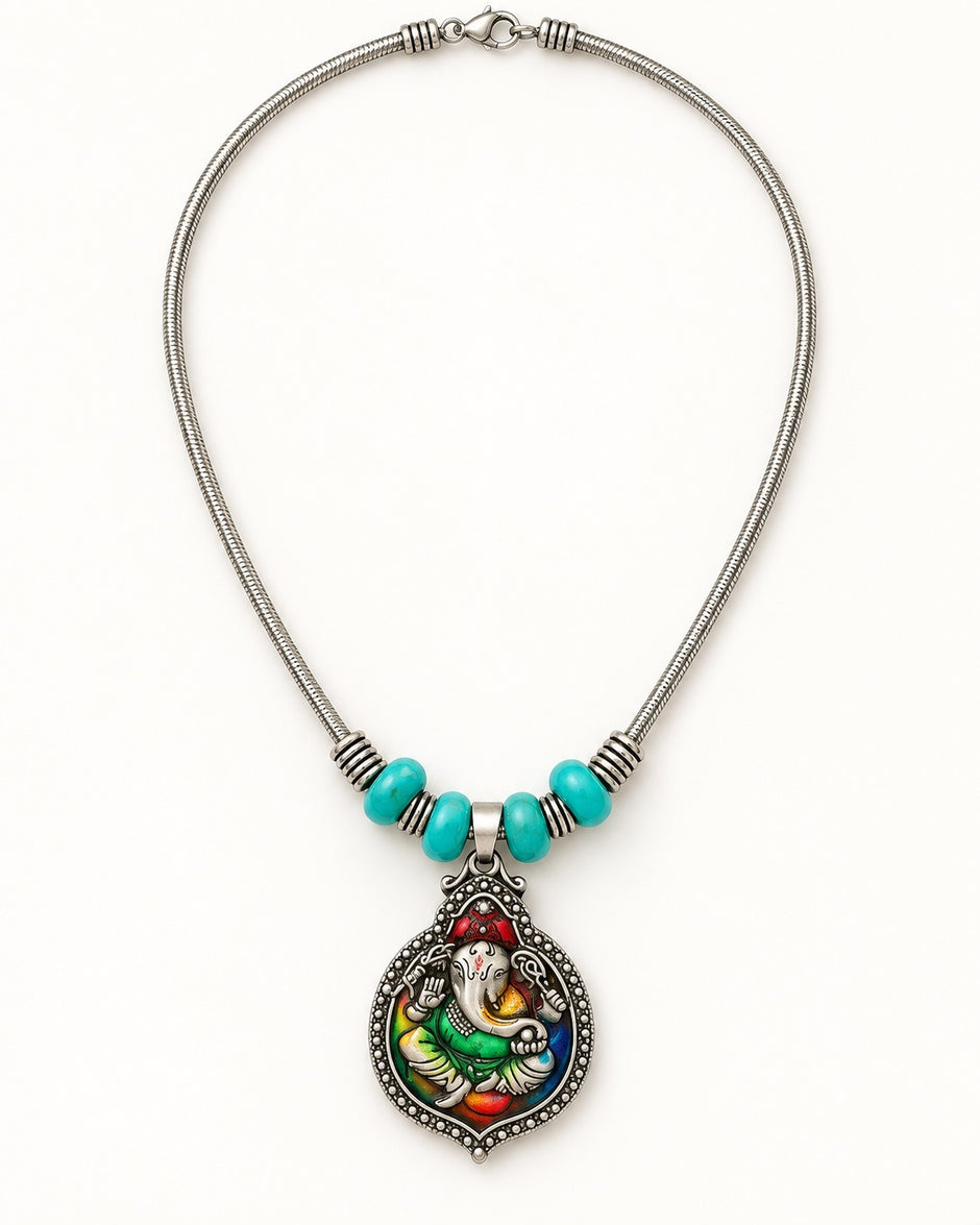 Handcrafted Colorful Ganesha Turquoise Beaded Necklace / Ruchi