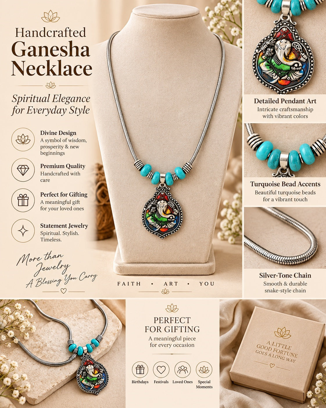 Handcrafted Colorful Ganesha Turquoise Beaded Necklace / Ruchi