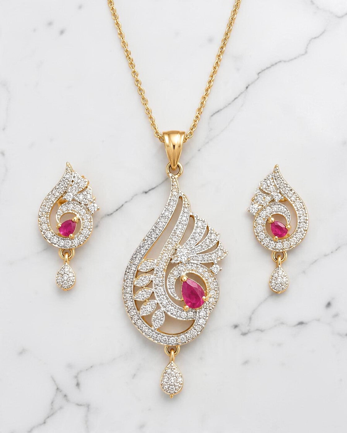 Traditional Ruby Rhinestone Necklace And Earrings Set / Ruchi