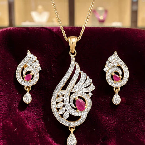 Traditional Ruby Rhinestone Necklace And Earrings Set / Ruchi