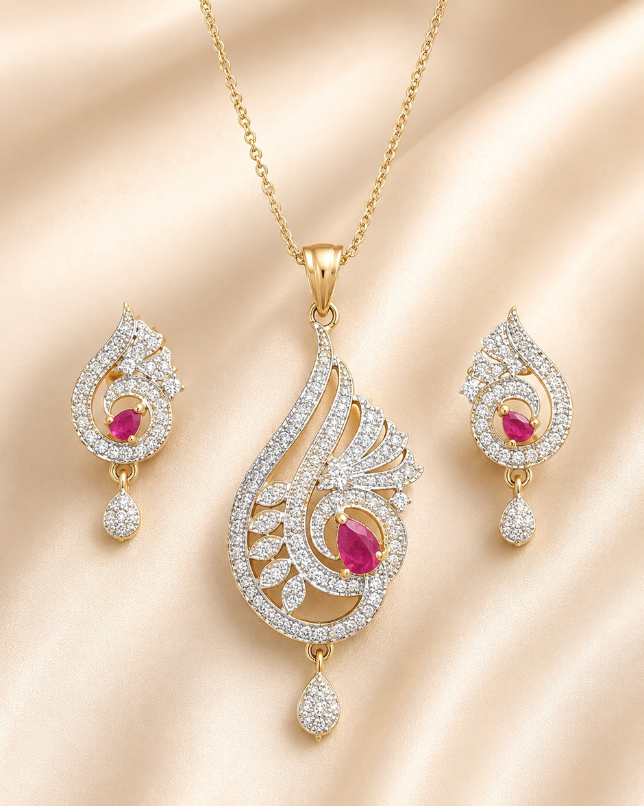 Traditional Ruby Rhinestone Necklace And Earrings Set / Ruchi