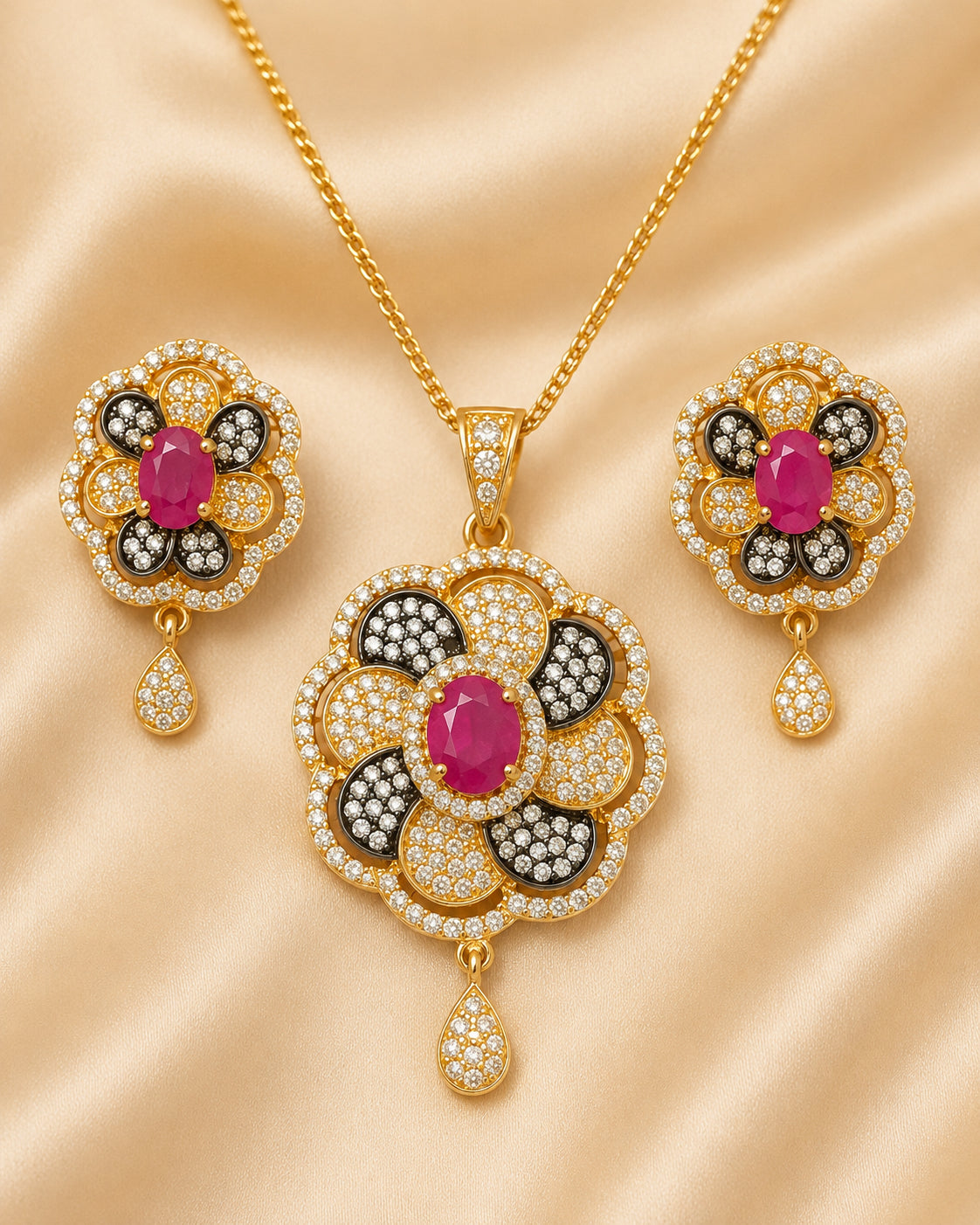 Vibrant American Diamond Floral Earrings And Necklace Set / Ruchi