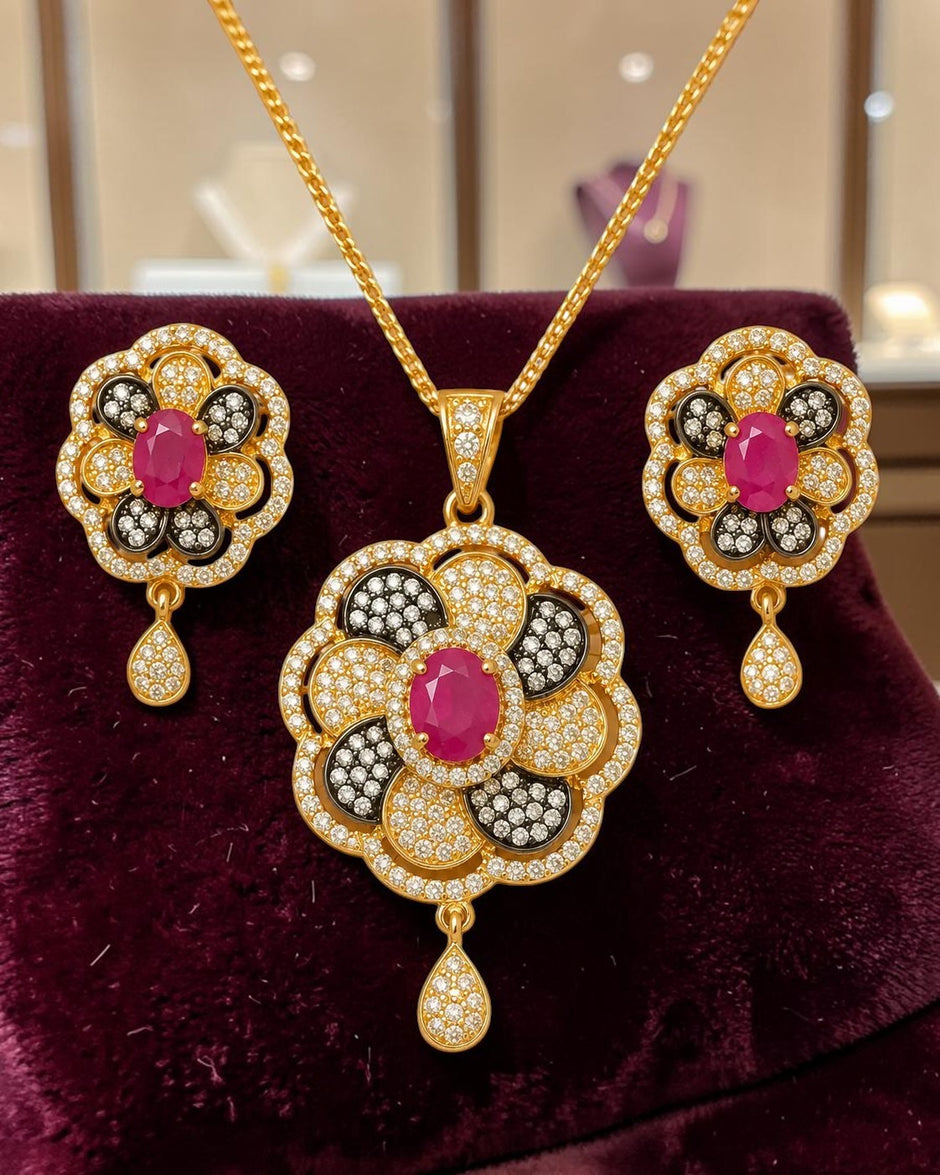 Vibrant American Diamond Floral Earrings And Necklace Set / Ruchi