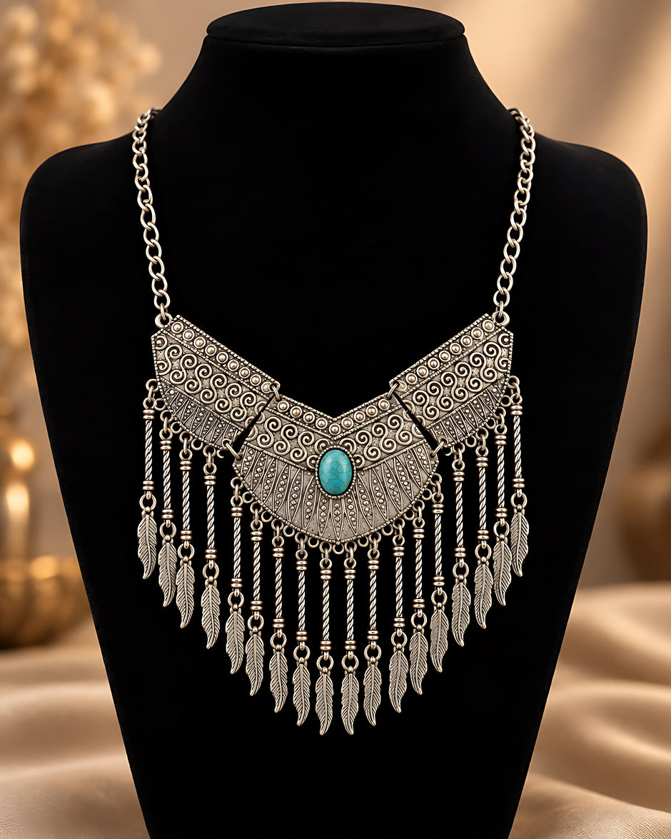 Antique Silver Turquoise Bohemian Fringe Necklace / Ruchi