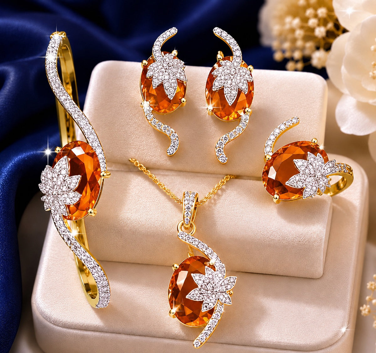 4 Piece Sparkling Leaf American Diamond Jewelry Set / Ruchi 