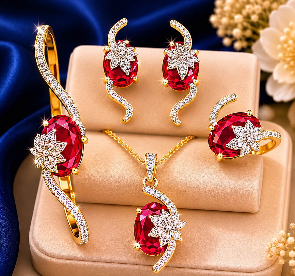 4 Piece Sparkling Leaf American Diamond Jewelry Set / Ruchi 