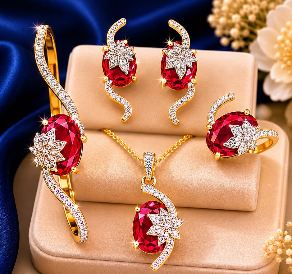 4 Piece Sparkling Leaf American Diamond Jewelry Set / Ruchi 