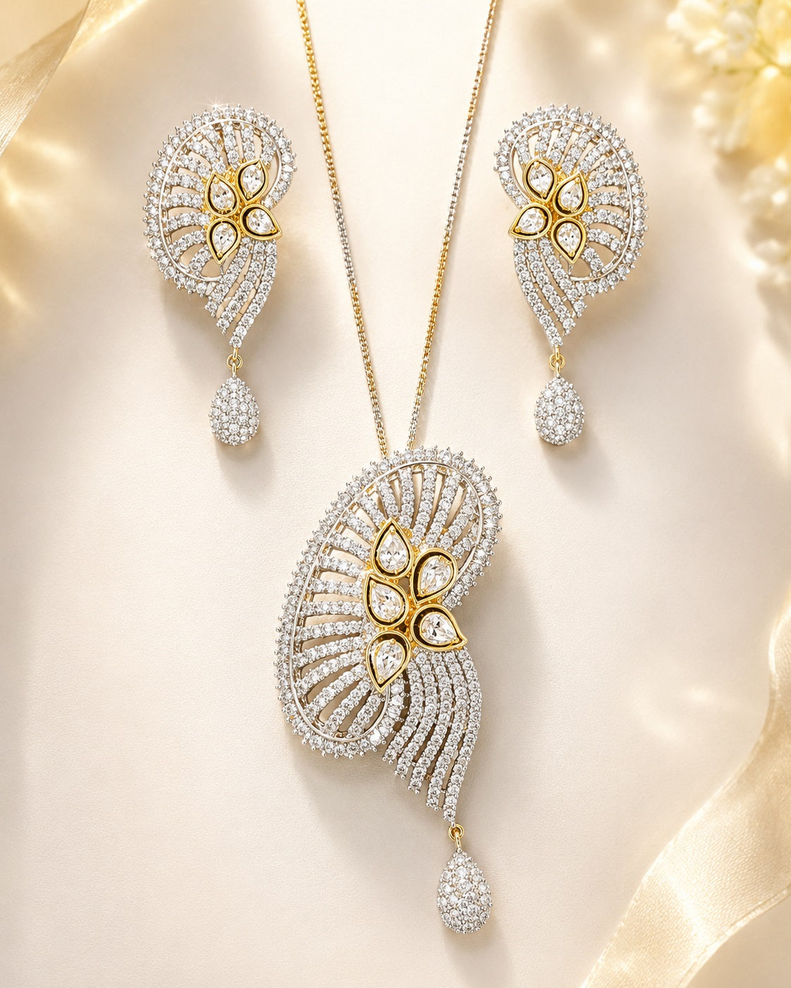 Elegant American Diamond Pendant Necklace And Earrings Set / Ruchi 